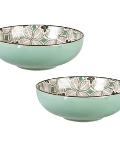 Maisons Du Monde Assiette Creuse En Grès Motifs Graphiques Bleu Gris, Verts Et Blancs - Lot De 2