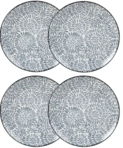 Maisons Du Monde Assiette Plate En Grès Blanc Motifs Graphiques Bleus - Lot De 4