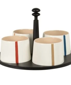 Maisons Du Monde Coupelles Apéritives En Grès Blanc Motifs Multicolores (x4) Plateau En Bois D'hévéa Noir