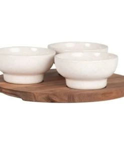 Maisons Du Monde Coupelles Apéritives En Grès Blanc (x3) Plateau En Bois D'acacia