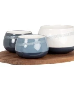 Maisons Du Monde Coupelles Apéritives En Grès Bleu Et Blanc (x3) Plateau En Bois D'acacia