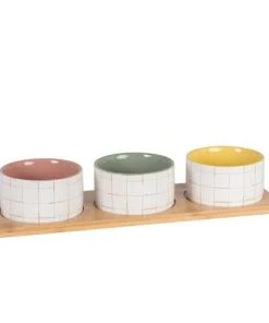 Maisons Du Monde Coupelles Apéritives En Grès Multicolore Motifs à Carreaux (x3) Plateau En Bambou