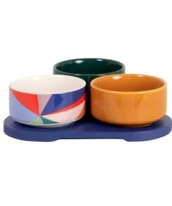 Maisons Du Monde Coupelles Apéritives En Grès Multicolore (x3) Plateau En Bambou Bleu