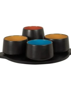 Maisons Du Monde Coupelles Apéritives En Grès Multicolore (x4) Plateau En Bois D'hévéa Noir