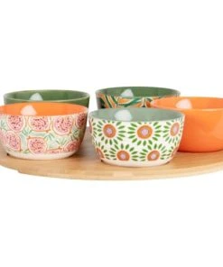 Maisons Du Monde Coupelles Apéritives En Grès Vert, Jaune Et Orange (x5) Plateau En Bambou