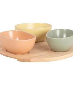 Maisons Du Monde Coupelles Apéritives En Grès Vert, Rose Et Jaune (x3) Plateau En Bois D'hévéa