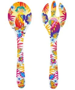 Les Jardins De La Comtesse Couverts à Salade En Mélamine Motif Perroquet Sur Dégradé Orange 33 Cm