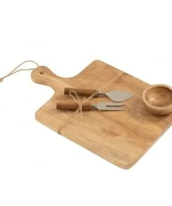 LANADECO Planche à Fromage + Couteau + Bol Bois De Manguier 38x24cm