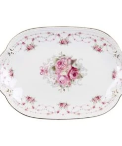 Blanc Mariclo Plat De Service Avec Roses En Céramique Blanche