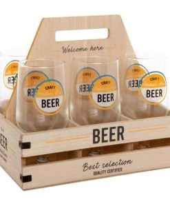 Chef&Sommelier-boutique 13 Maisons Du Monde Verres à Bière Avec Inscriptions Multicolores (x6) Support En Bois D'eucalyptus